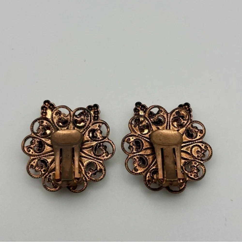 Vintage Copper Swirl Victorian Revival Clip On Earrings with Marble Glitter